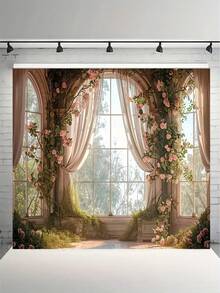 Charming Spring Rose Castle Window Backdrop - Multipurpose Polyester Fabric, Suitable For Easter, Birthday And Photo Booth, Easy To Hang - multicolor - View 7