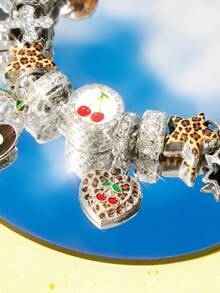 Popjeli Gelang Motif Leopard dan Cherry Charm 1, Gelang DIY Retro Cinta untuk Gadis Bintang - Perak - View 3