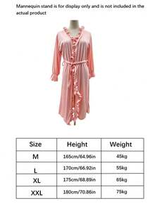 Women's Pink Crinkle Cotton Wrap Bath Robe With Ruffle-Trim V-Neck, Long Sleeves And Tie Belt, Loose Lightweight Comfy Home Wear - Multicolor - View 13