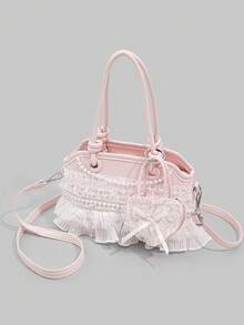 ROMWE Kawaii 1 Buah Tas Tangan Lucu Berenda dan Berkerut, Tas Selempang Gaya Preppy Y2K dengan Dekorasi Pita, Tas Modis untuk Pakaian Kembali ke Sekolah & Liburan - Berwarna merah muda - View 8