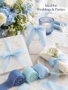 3 Rolls Chiffon Ribbon Gray Mist Light Blue, 1.5in X 21yd Pleated Tassel Silk Ribbon For Gift Wrapping Wedding Baby Shower - blue - View 5