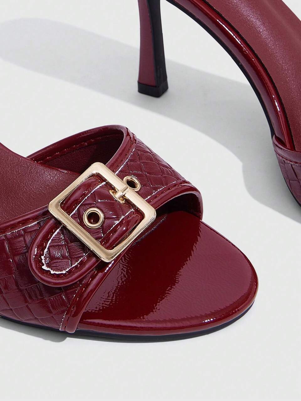CUCCOO SZL Women Shoes Burgundy Embossed PU Gold Buckle Design Fashion Sexy Temperament Round Toe High Heel Slippers