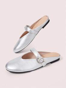CUCCOO DOLLMOD Women's Silver Mary Jane Closed-Toe Mule Shoes, Round Toe Buckle Slip-On Flat Shoes, Commute Daily Casual Comfortable Women's Shoes - Silver - View 3