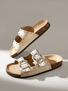 Solecia Women's Fashion Beige Faux Suede Metal Buckle Mule Flat Sandals For Commuting, Dating, Party, Shopping, Campus, Vacation - Beige - View 10