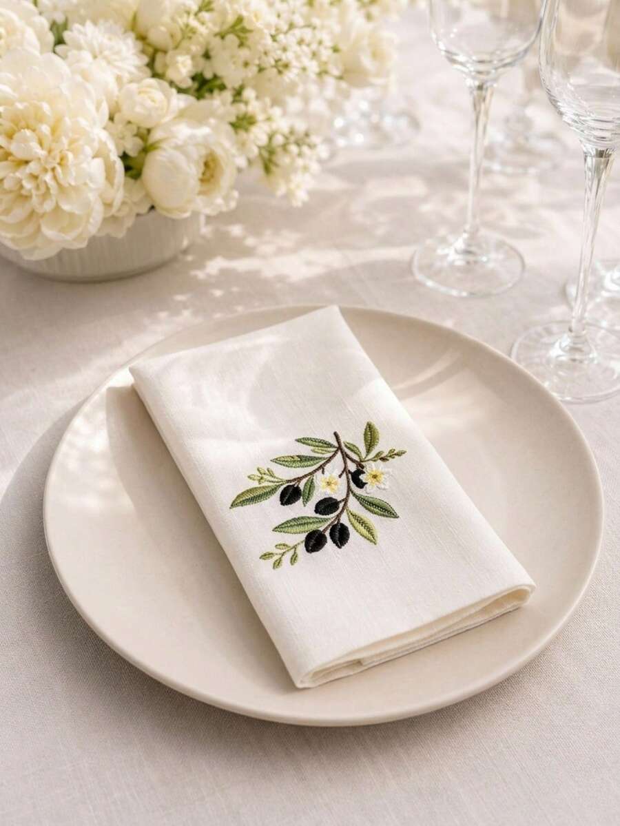 Cirelle 1/2/4 Pcs Embroidered Cloth Napkins, Beige Dinner Napkins With Olive Branch Motif, Reusable Washable Table Napkins For Dining Room, Wedding & Party Decor - Multicolor - View 1