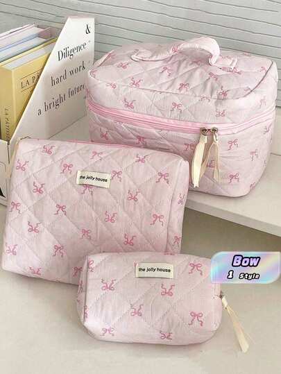 3 Stücke/Set Rosa Schleife Make-up Tasche, leichte Reißverschluss Kosmetik Organizer, süßer Stil Multifunktions Kulturbeutel Aufbewahrungsbox, Muttertagsgeschenk, Geschenk für beste Freundin, Geschenk für Lehrer. Make-up Tasche, Make-up Organizer, Make-up Koffer, Make-up Aufbewahrung, Schmuck Aufbewahrung