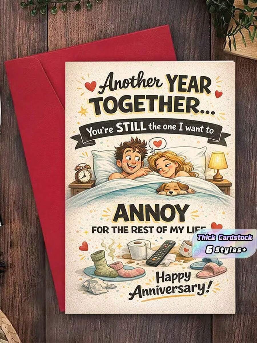 Funny Anniversary Card For Husband Wife, Humorous Greeting Card With Envelope, Cozy Bed Pet Dog Design For Wedding Birthday Gift - multicolor - View 1