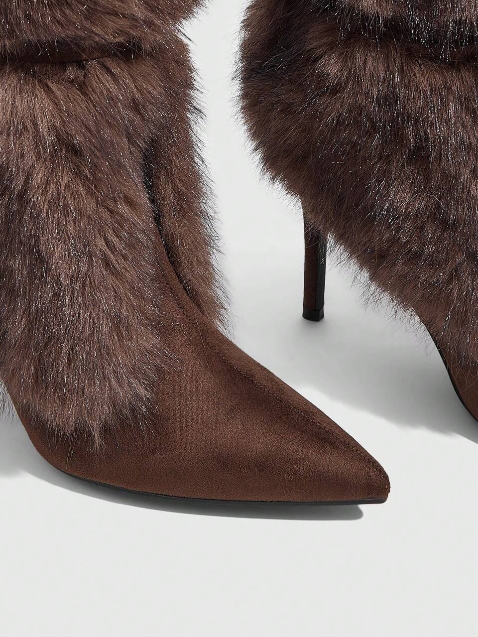 CUCCOO SZL Women Shoes Pointed High Heel Brown Hairy Face Strap Medium Boots Fashion Gorgeous Sexy Nightclub Party Low Boots Fur Boots Women's Boots