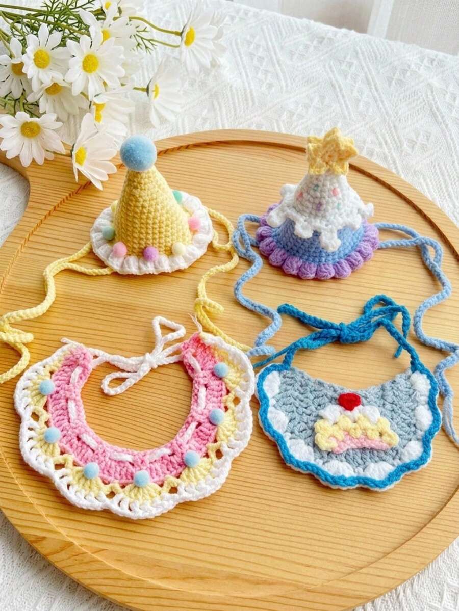 PETSIN 1SET Cute Pet Birthday Outfit Knit Hat Saliva Towel Puppy Birthday Photo Props - Multicolor - View 1