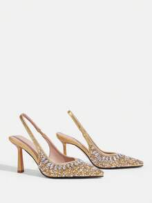 CUCCOO TILAWA Women's Elegant Pointed Toe High Heel Sandals With Rhinestones, Gold Colored, Suitable For Wedding For Vibe And Spring Shoes Spring Break Easter Prom Heels For Christmas Fall Shoes - Gold - View 3