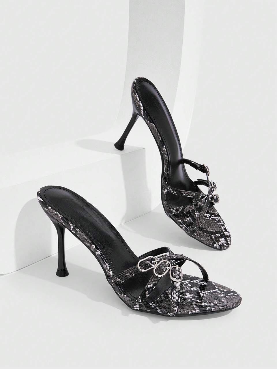 CUCCOO SZL Sexy Snake Pattern Thin Heel Sandals Women, Round Toe Buckle Open Toe With High Heel Women's Sandals