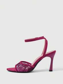 CUCCOO SZL Lace Sequined Pointed Thick Heel Sandals, Metal Buckle, Gentle Elegant High Heels - Burgundy - View 9
