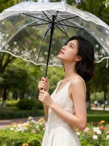 1/2 Pcs 8‑Rib Ruffled Edge Black White Printed Transparent 3‑Fold Umbrella - transparent - View 2