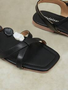 Styleloop Women Shoes Spring And Summer New Multi-Color Cross Belt Asymmetric Imitation Stone Saddle Belt Flat Sandals Retro Casual Style, Suitable For Daily Commute - Black 1 - View 11