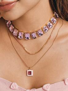 Popjeli 18k Gold-Plated Exaggerated Full Diamond Light Luxury Retro Pink Crystal Necklace Fashionable Personalized Simple Necklace - Pink - View 6