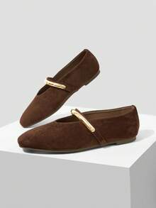MOTF WOMEN'S METAL RING DECOR SLIP-ON LOAFERS, MINIMALIST ELEGANT FOR DAILY COMMUTE - Coffee brown flannel - View 3