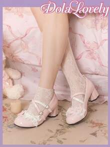 Dola Lovely 女款厚底高跟鞋 圓頭瑪麗珍鞋 蝴蝶結 Lolita 風格 扣帶甜美日系 JK 制服鞋 - 粉色+蝴蝶結波點 - 查看 2