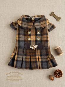 PETSIN Retro British Style Pet Plaid Dress Double Breasted Button Horn Buckle Pleated Skirt Autumn Winter Clothes For Small Dogs Cats - Brown - View 2