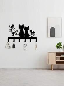 Black Cat Metal Wall Key Holder, Cat Silhouette Wall-Mounted Key Hook Rack, Decorative Metal Key Hanger For Entryway, Living Room, Bedroom, Apartment, Office, Exquisite Home Decor - Black - View 2