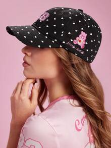 SHEIN X Care Bears 時尚經典休閒甜美基礎百搭運動粉色可愛熊女士棒球帽 防曬遮陽 日常穿搭 立體版 禮物 - 黑色 - 查看 2