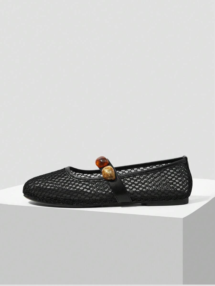 MOTF PREMIUM RETRO BROWN MESH KNIT MARY JANE SHOES, ROUND TOE SOFT SOLE DAILY WALKING FLAT PUMPS FOR WOMEN - Black - View 2