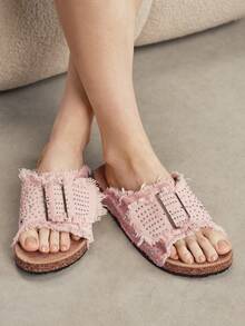 Solecia Ladies Summer Sandals, Open-Toed Flat-Bottomed Rhinestone Square Buckle Decorative Cork Bottom Casual Slippers Daily Beach Dual-Use - Pink - View 10