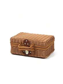 Small Vintage Style Picnic Bag, Vintage Storage Bag, Photography Accessories Organizing Box, Wicker Storage Basket, Gift Box - Khaki - View 3