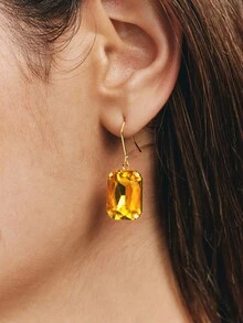 Popjeli 18k Gold-Plated Exaggerated Diamond-Set Square Yellow Light Luxury High-End Earrings - Yellow - View 2