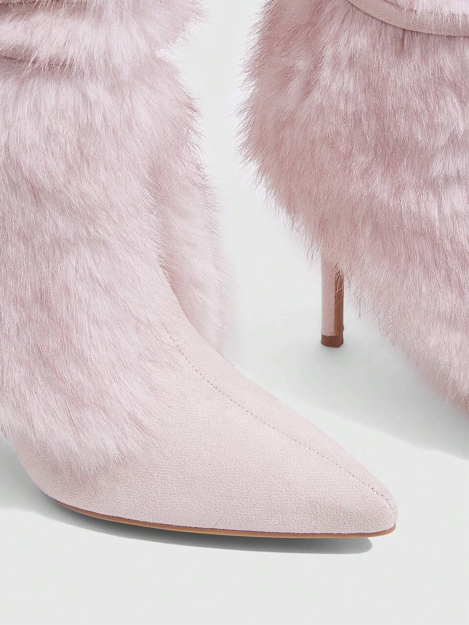 CUCCOO SZL Women Shoes Pointed High Heel Light Pink Hairy Face Strap Medium Boots Fashion Gorgeous Sexy Nightclub Party Low Boots Fur Boots Short Boots