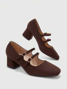 CUCCOO BIZCHIC Simple Ladies Mary Jane Casual Commuter Thick Heel High Heel Shoes - Coffee brown, - View 3