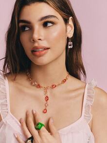 Popjeli 18k Gold-Plated Exaggerated Diamond-Set Square Pink Light Luxury High-End Earrings - Pink - View 7
