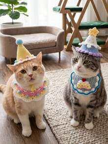 PETSIN 1SET Cute Pet Birthday Outfit Knit Hat Saliva Towel Puppy Birthday Photo Props - Multicolor - View 4