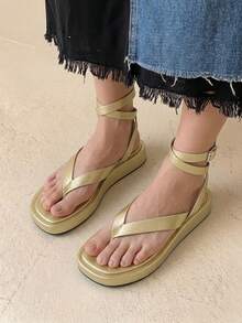 HighSole 春夏新款可調節腳踝綁帶女款厚底涼鞋，舒適購物音樂節度假旅行必備 - 淺金色 - 查看 1