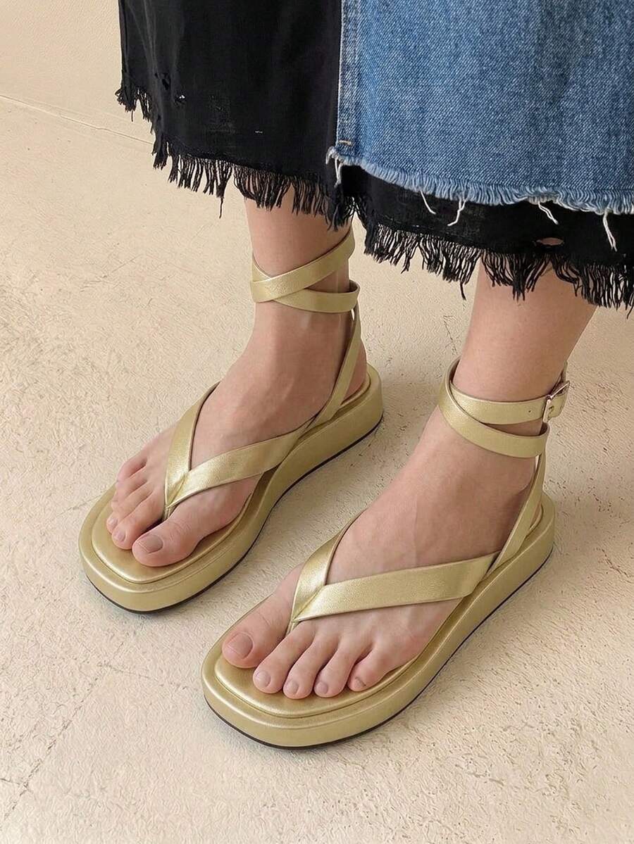 HighSole 春夏新款可調節腳踝綁帶女款厚底涼鞋,舒適購物音樂節度假旅行必備 - 淺金色 - 查看 1