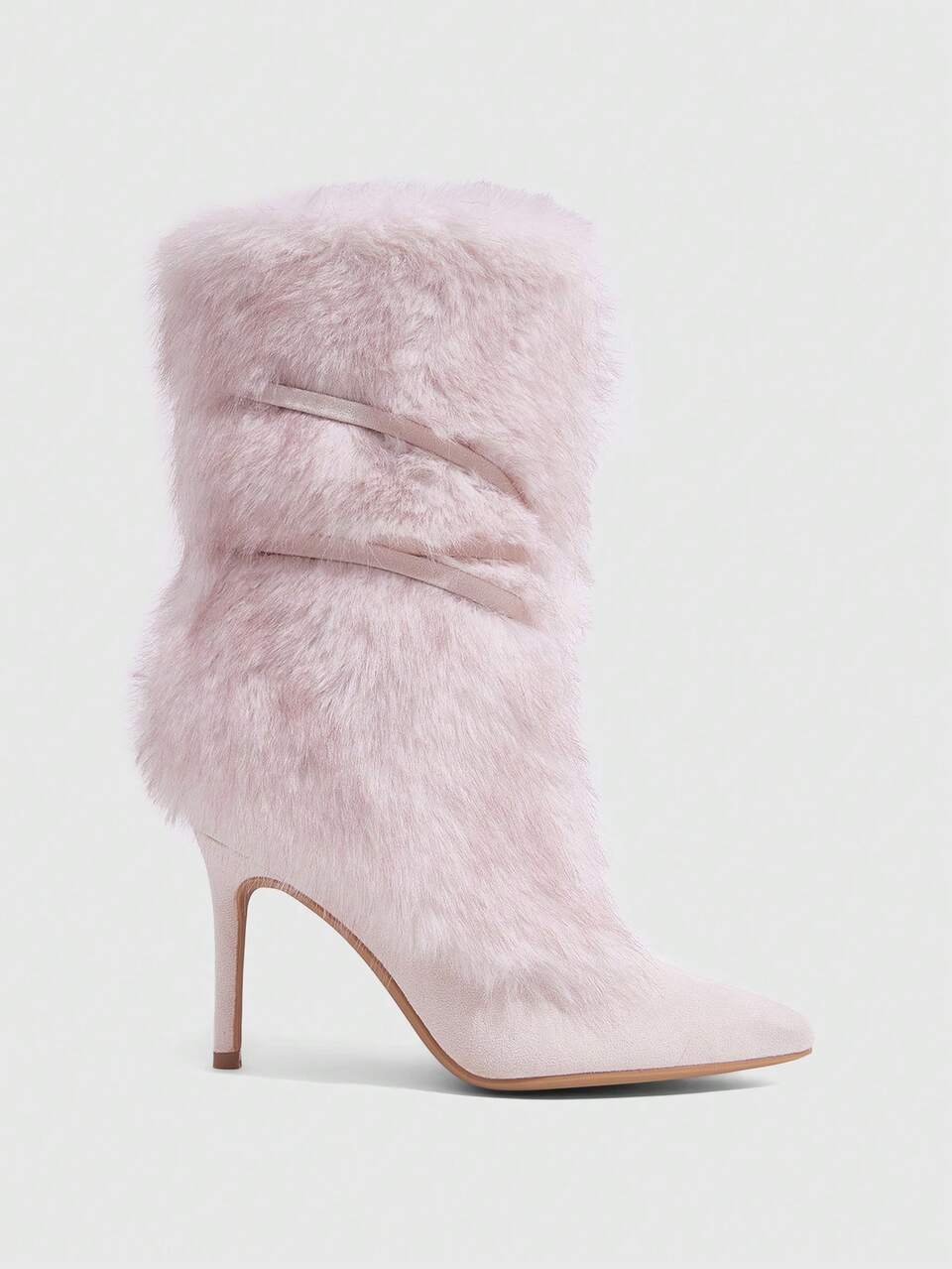 CUCCOO SZL Women Shoes Pointed High Heel Light Pink Hairy Face Strap Medium Boots Fashion Gorgeous Sexy Nightclub Party Low Boots Fur Boots Short Boots