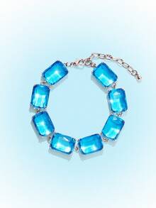 Popjeli Women's Tennis Chain Bracelet  Full  Crystal Stone Sparkling Bracelet For Daily Party Jewelry - Blue square imitation Swarovski crystal bracelet - View 2
