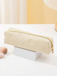 Corduroy Pencil Case High-Value Large Capacity Storage Bag Student Stationery Pouch Travel Organizer Makeup Bag - Beige - View 2