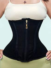 1PC High Compression Zipper Waist Trainer Corset For Women Tummy Control Body Shaper With Hook And Eye Double Layer Shapewear For Hourglass Figure Postpartum Workout Daily Use - Black - View 6