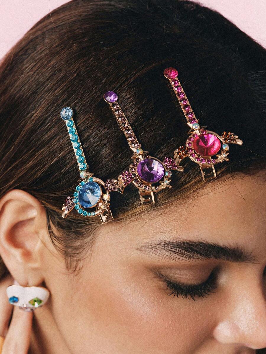 Popjeli 3pcs Dopamine Butterfly Hair Clips, Rhinestone Hair Clips, Star, Round, Staff, Wing, Suitable For Women, Back To School Outfit - Multicolor - View 1