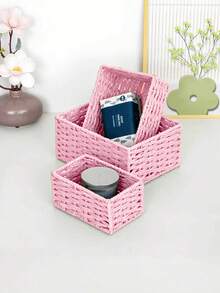 1/3PCS Retro Handmade Woven Sundries Storage Basket Natural Rattan Entryway Desktop Organizer Multi Purpose Snack Cosmetics Storage Box Household Organization Rustic Home Decor Gift Idea - Baby Pink - View 4