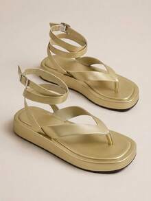 HighSole 春夏新款可調節腳踝綁帶女款厚底涼鞋，舒適購物音樂節度假旅行必備 - 淺金色 - 查看 7