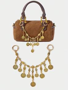 SHECARRY 1pc Vintage Coin Tassel Metal Bag Chain, Bohemian Style Accessory For Vacation, Party - Gold - View 1