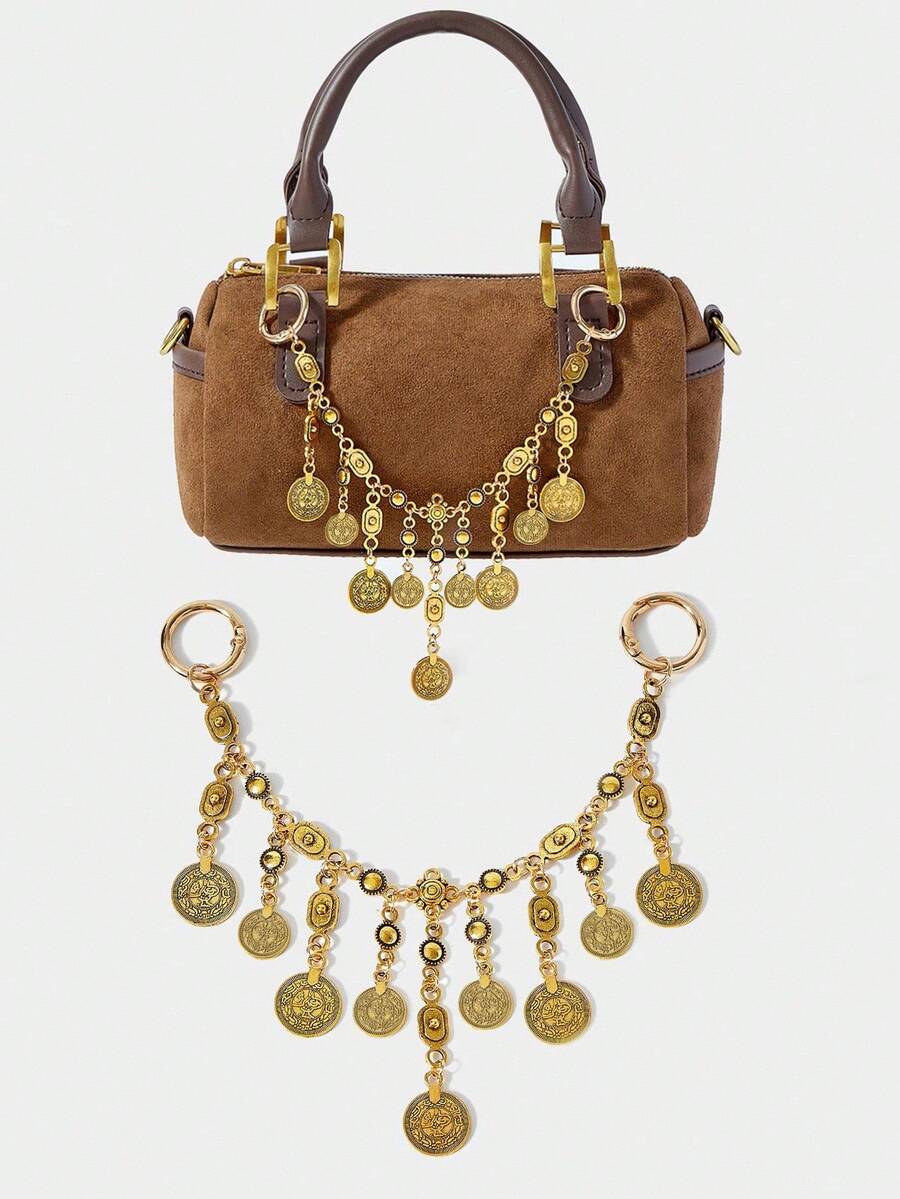 SHECARRY 1pc Vintage Coin Tassel Metal Bag Chain, Bohemian Style Accessory For Vacation, Party - Gold - View 1