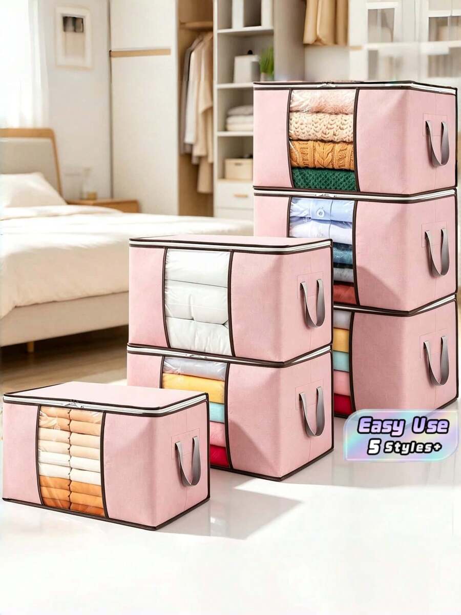Foldable Storage Box With Lid Clear Window Reinforced Carry Handle Closet Organizer Bin For Clothing Bedding Blanket Neat Home Storage Container - Multicolor - View 1