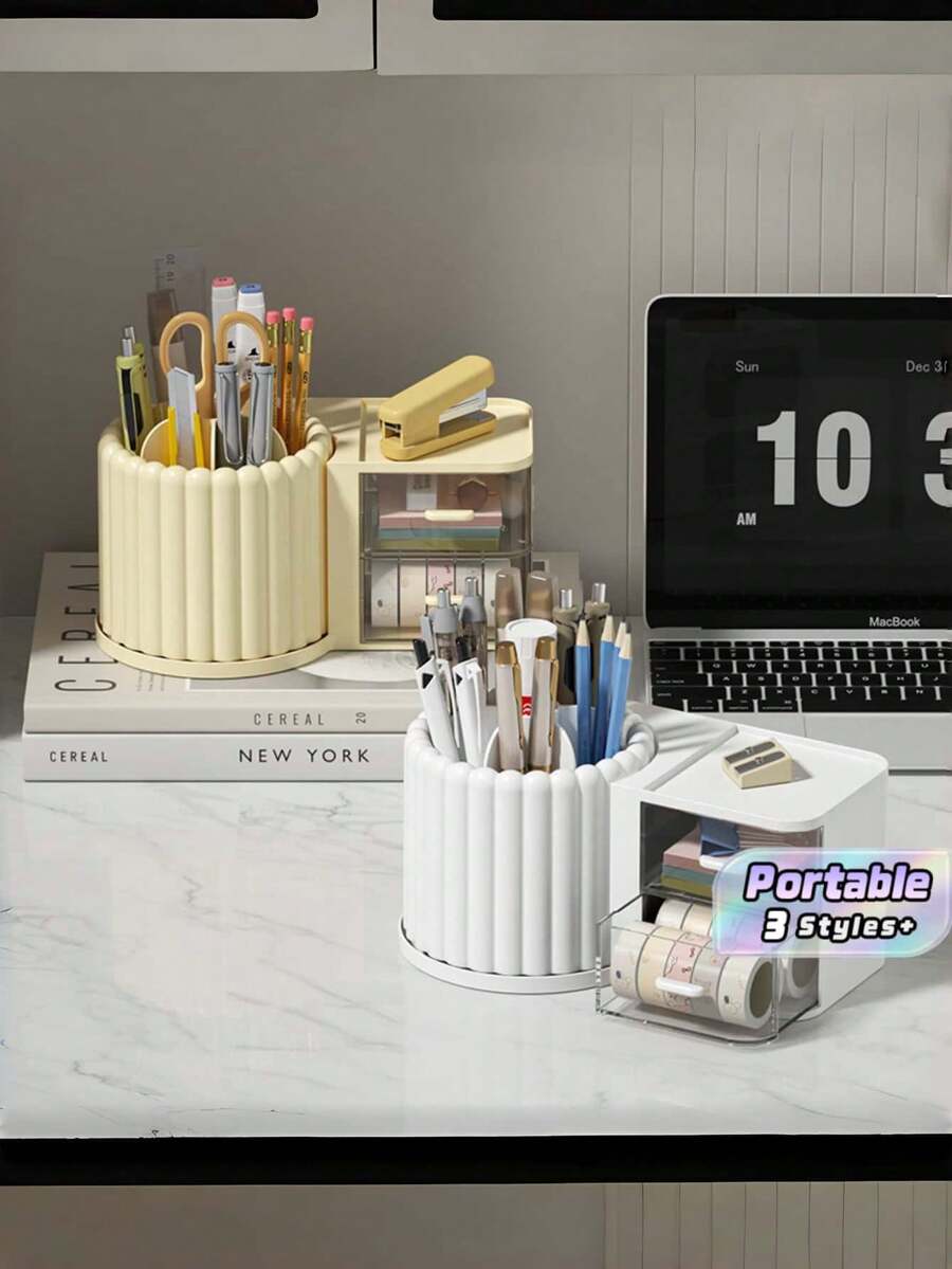 1pc Large Capacity Rotating Makeup Brush Holder Storage Box Multi Functional Space Saving Desktop Cosmetic Organizer Solid Color Cosmetic Storage Case For Vanity Table Bedroom Gift Giveaways Makeup Accessories Display Container - Multicolor - View 1