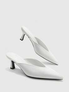 CUCCOO BIZCHIC White Glossy V-Shaped Qu Notched Pointed Mules High Heels, No Rear Helper, Special-Shaped Thin Heels For Commuting, Mules Women's Shoes - White - View 3