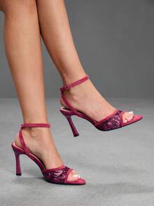 CUCCOO SZL Lace Sequined Pointed Thick Heel Sandals, Metal Buckle, Gentle Elegant High Heels - Burgundy - View 1