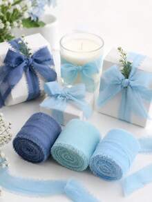 3 Rolls Chiffon Ribbon Gray Mist Light Blue, 1.5in X 21yd Pleated Tassel Silk Ribbon For Gift Wrapping Wedding Baby Shower - blue - View 1