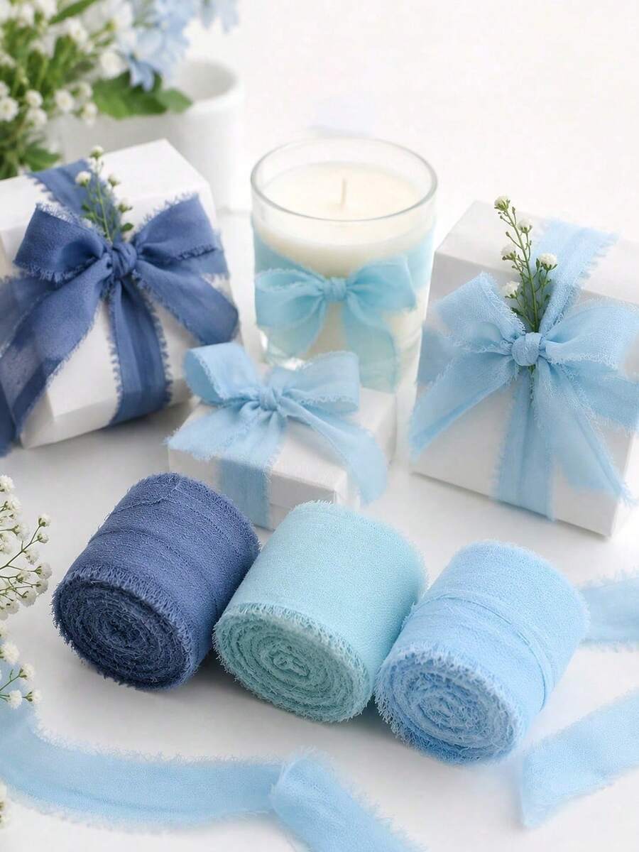 3 Rolls Chiffon Ribbon Gray Mist Light Blue, 1.5in X 21yd Pleated Tassel Silk Ribbon For Gift Wrapping Wedding Baby Shower - blue - View 1