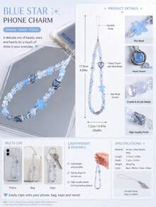 Dây đeo điện thoại pha lê màu xanh Klein, dây đeo điện thoại mặt treo hình sao trái tim cho nữ, dây đeo cổ tay mềm điều chỉnh được, quà tặng phong cách cho mẹ, gia đình, bạn bè dịp sinh nhật, lễ tết, du lịch - Màu xanh nhạt - Xem 6